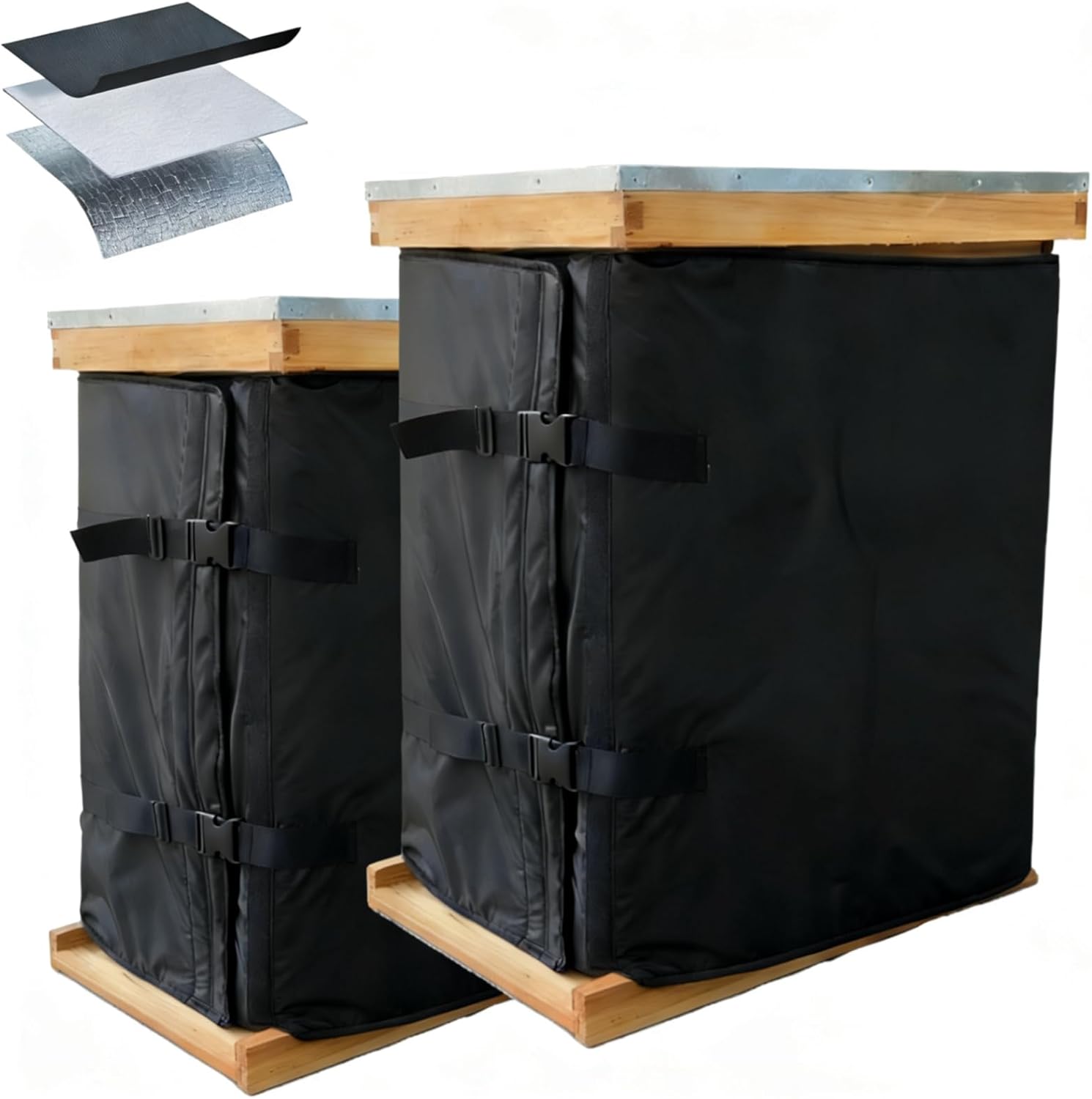 JINLI beehive insulation cover wrapped around a hive in a winter setting