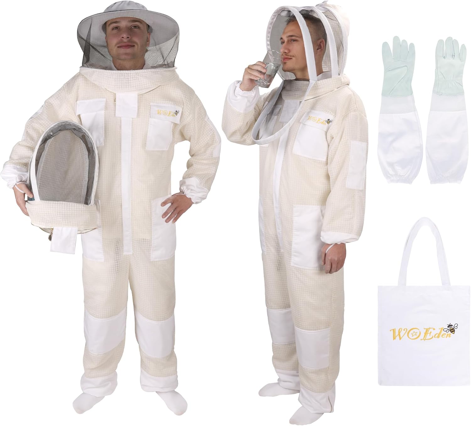 Woeden beekeeping suit in use during hive inspection