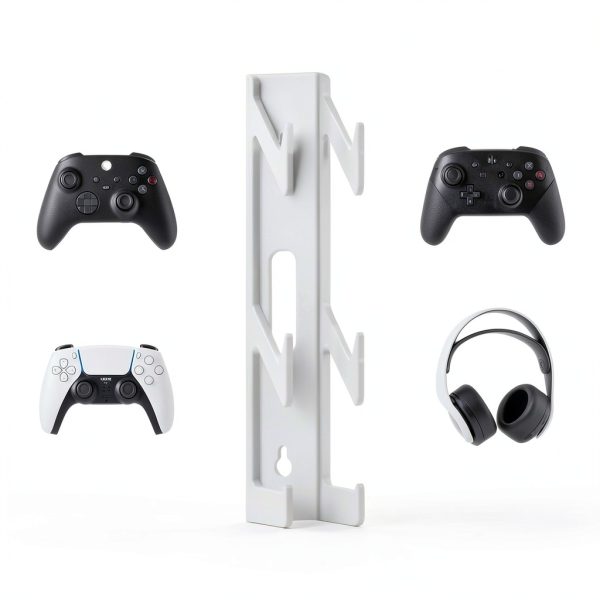Transparent Acrylic Wall Mount for PS5/PS4 & Xbox Controllers with Headset Hooks – Drill-Free Adhesive or Screw Install, 10.2″ 6-Slot Display Rack, Crystal-Clear-4