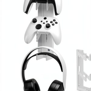 Transparent Acrylic Wall Mount for PS5/PS4 & Xbox Controllers with Headset Hooks – Drill-Free Adhesive or Screw Install, 10.2″ 6-Slot Display Rack, Crystal-Clear-0