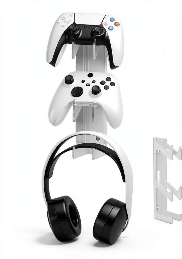 Transparent Acrylic Wall Mount for PS5/PS4 & Xbox Controllers with Headset Hooks – Drill-Free Adhesive or Screw Install, 10.2″ 6-Slot Display Rack, Crystal-Clear-0