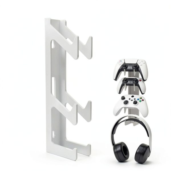 Transparent Acrylic Wall Mount for PS5/PS4 & Xbox Controllers with Headset Hooks – Drill-Free Adhesive or Screw Install, 10.2″ 6-Slot Display Rack, Crystal-Clear-1